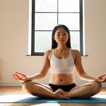 A thoughtful Vietnamese woman, appearing to be in her late 20s to early 30s, sits cross-legged on a yoga mat in a bright, minimalist Pilates studio. She holds a notebook and pen, looking into the distance with a contemplative expression. Sunlight streams through a large window, creating a serene atmosphere. On a nearby whiteboard, abstract doodles and keywords related to Pilates goals, future students, and career paths are faintly visible, symbolizing self-reflection and emerging clarity. The scene evokes a sense of personal visioning and the foundational step of defining one's purpose as a Pilates instructor. Warm, inspiring lighting.