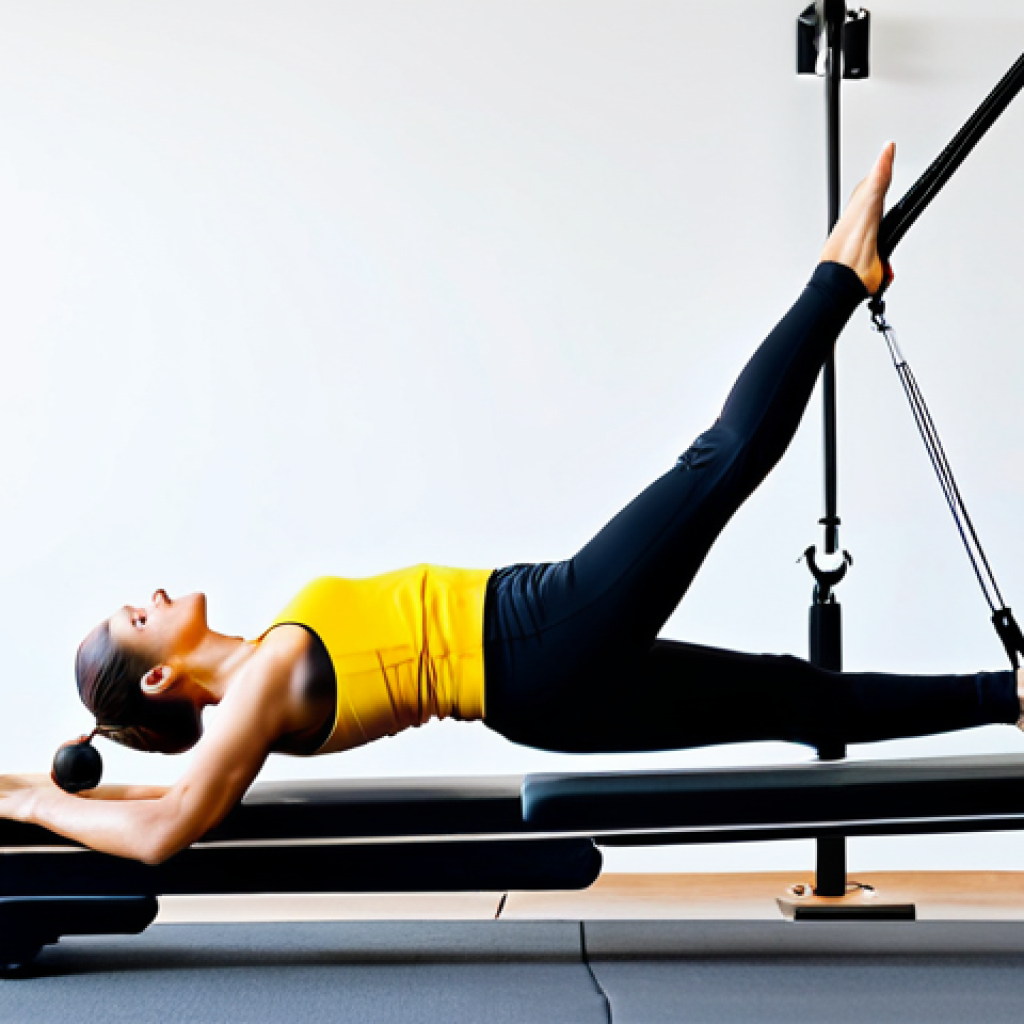 **

"A female fitness instructor in a fully clothed, modest athletic outfit, demonstrating a Pilates exercise on a reformer machine in a bright, clean studio, safe for work, appropriate content, perfect anatomy, natural proportions, professional photography, well-formed hands, proper finger count."

**