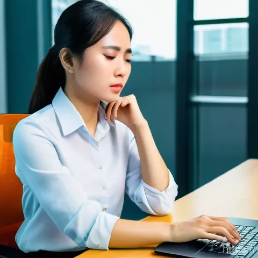필라테스 강사와 재활 운동 - A young Vietnamese woman, around 30 years old, sitting at a modern office desk in Ho Chi Minh City, ...