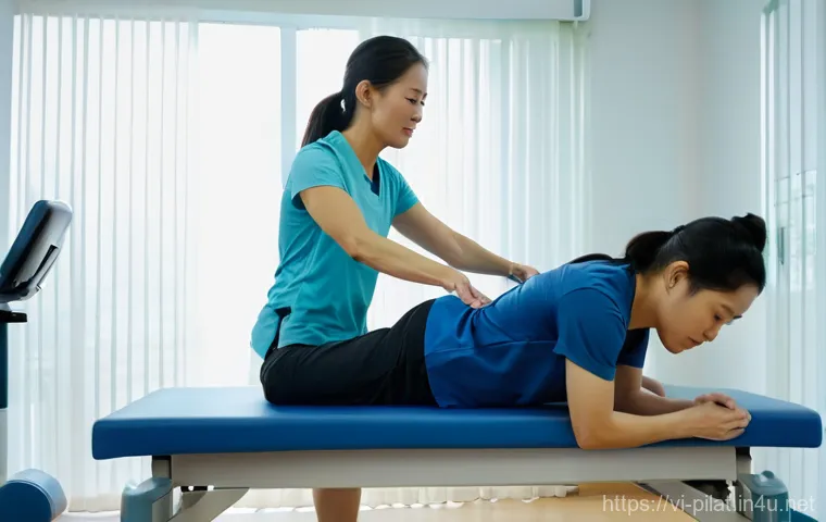 필라테스 강사와 재활 운동 - A focused and strong Vietnamese man, aged approximately 35, performing a challenging core-strengthen...