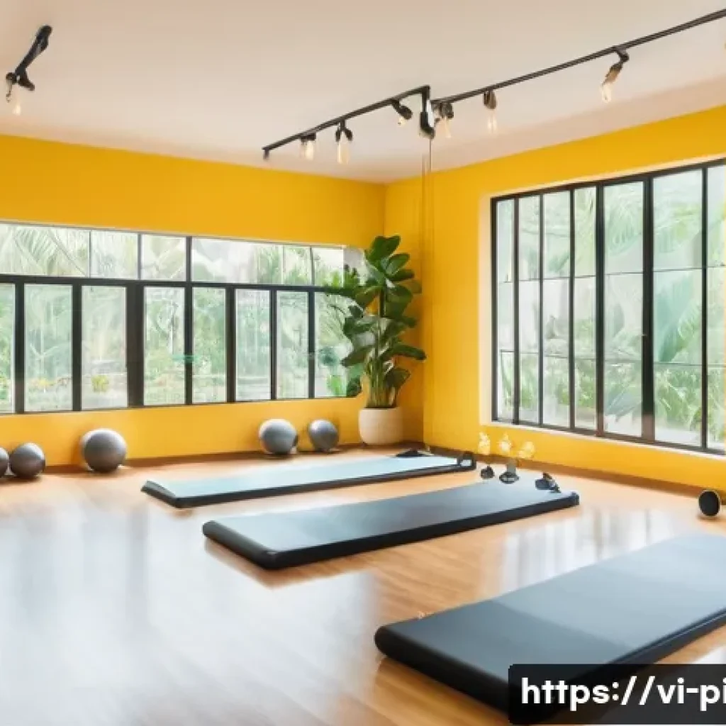필라테스 강사 워라밸 유지 방법 - A bright and tidy Pilates studio in Vietnam with large windows letting in natural sunlight, neatly o...