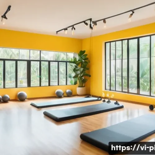 필라테스 강사 워라밸 유지 방법 - A bright and tidy Pilates studio in Vietnam with large windows letting in natural sunlight, neatly o...