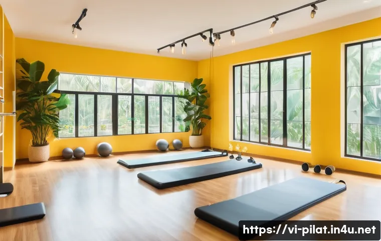 필라테스 강사 워라밸 유지 방법 - A bright and tidy Pilates studio in Vietnam with large windows letting in natural sunlight, neatly o...