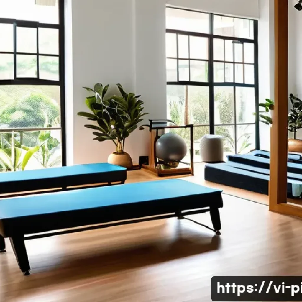 필라테스 강사 수업 준비 루틴 - A spacious, bright Pilates studio in Vietnam featuring natural sunlight streaming through large wind...