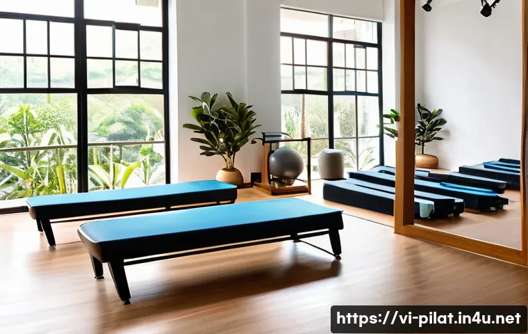필라테스 강사 수업 준비 루틴 - A spacious, bright Pilates studio in Vietnam featuring natural sunlight streaming through large wind...
