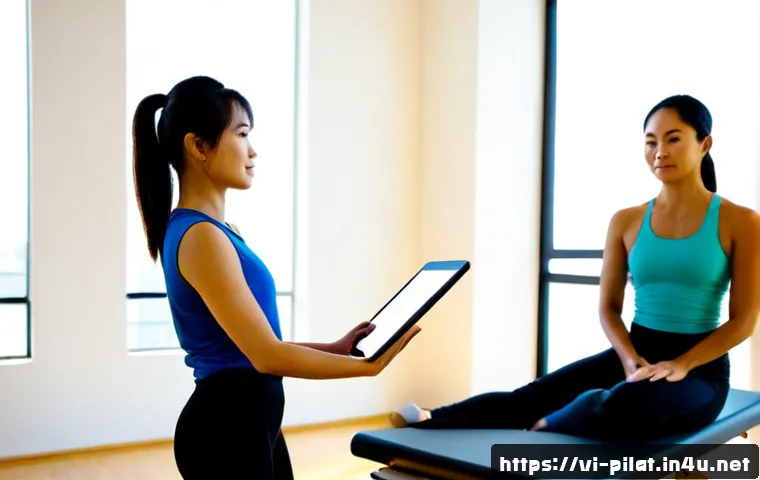 Home 17 필라테스 강사와 커리어 목표 설정 - Photorealistic Vietnamese Pilates instructor in a bright modern studio, standing beside a reformer a...